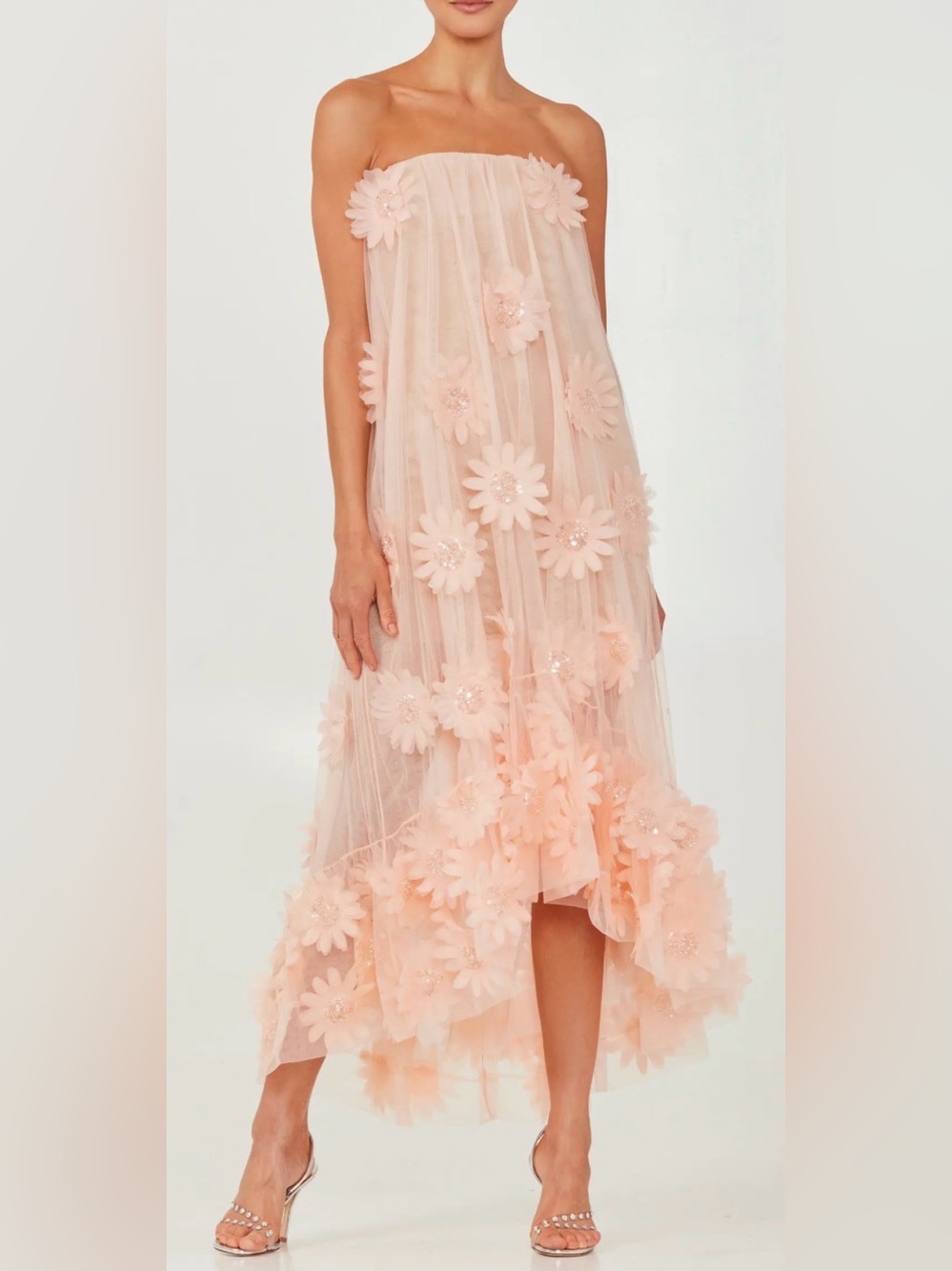 NEW HELSI Athena Bead & 3D floral Appliqué Strapless Mesh Pink Pearl Gown sz S